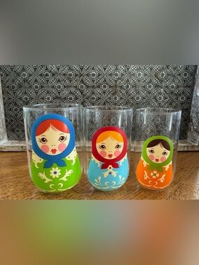Matryoshka Doll Glass Tumbler - Blue & Red